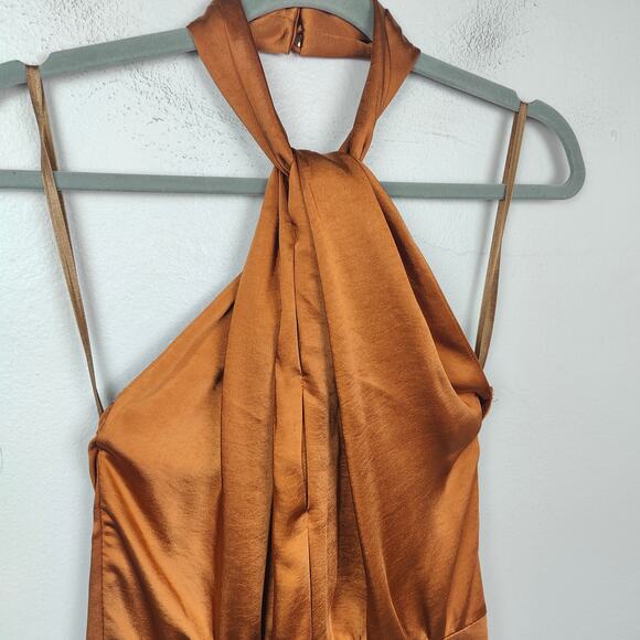 Undress Paula Tawny Brown Cocktail Midi Dress Womens Large Satin Halter Twist - Picture 2 of 9